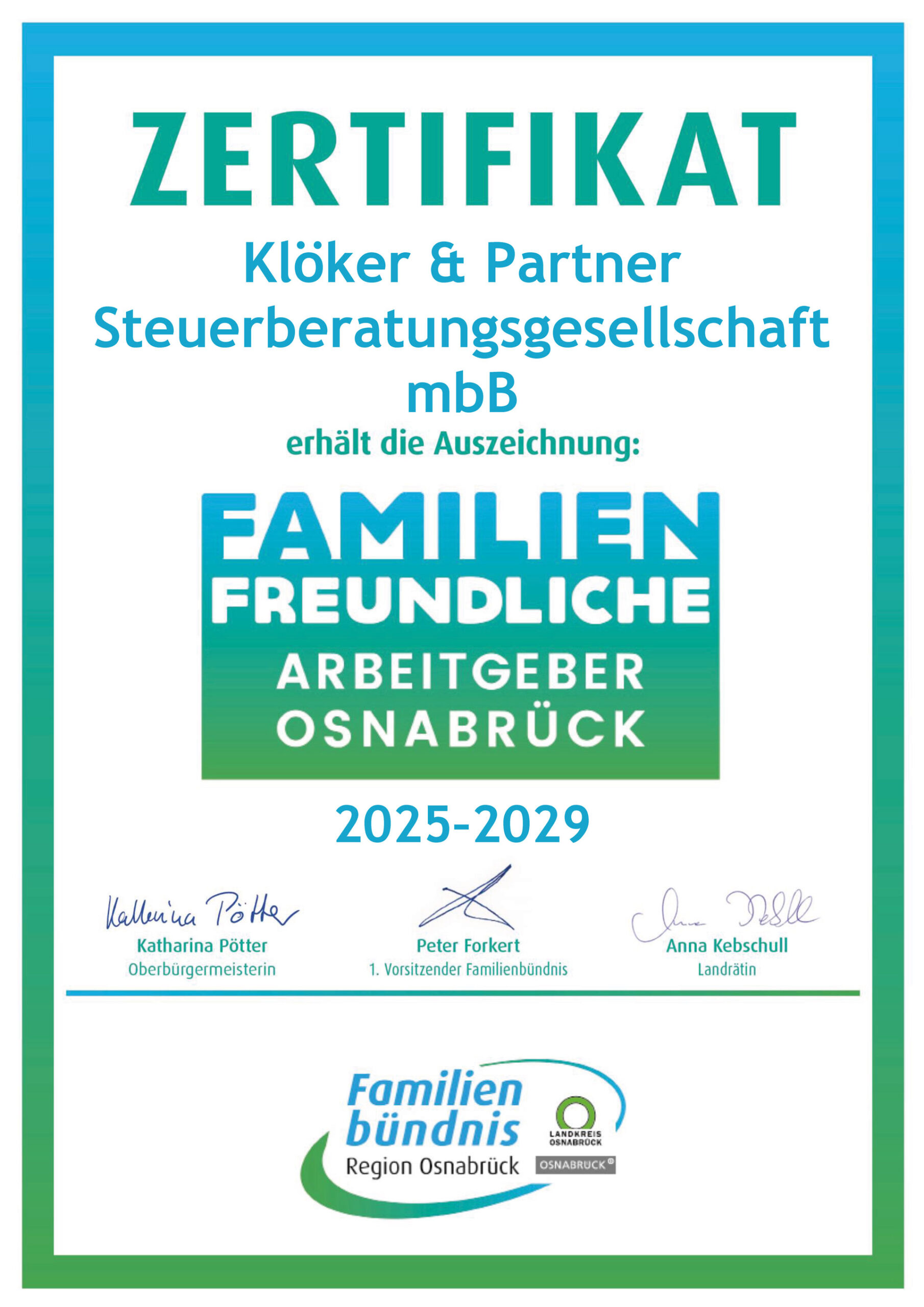 Zertifikat Familienfreundlicher Arbeitgeber 2025 – 2029